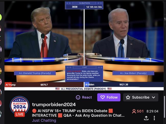 Deep fake AI Donald Trump and Joe Biden in "live" debate on Twitch. Picture: Trumporbiden2024
