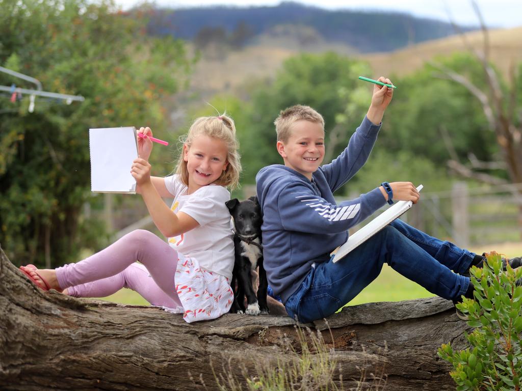 Grace and Jack McAuliffe, aged 7 and 10, are responding to Trent Dalton’s invitation from their home in Victoria, which was hit hard by the fires. Picture: Alex Coppel