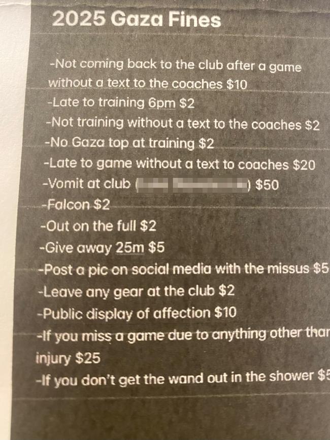 The 2025 'fines list' set up by senior Gaza FC players.