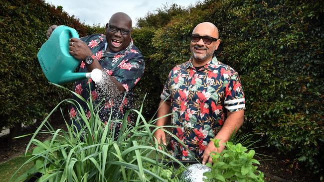 British DJs Carl Cox and Eric Powell in the garden, ahead of their two sold out shows at Myer Music Bowl. Picture : Nicki Connolly