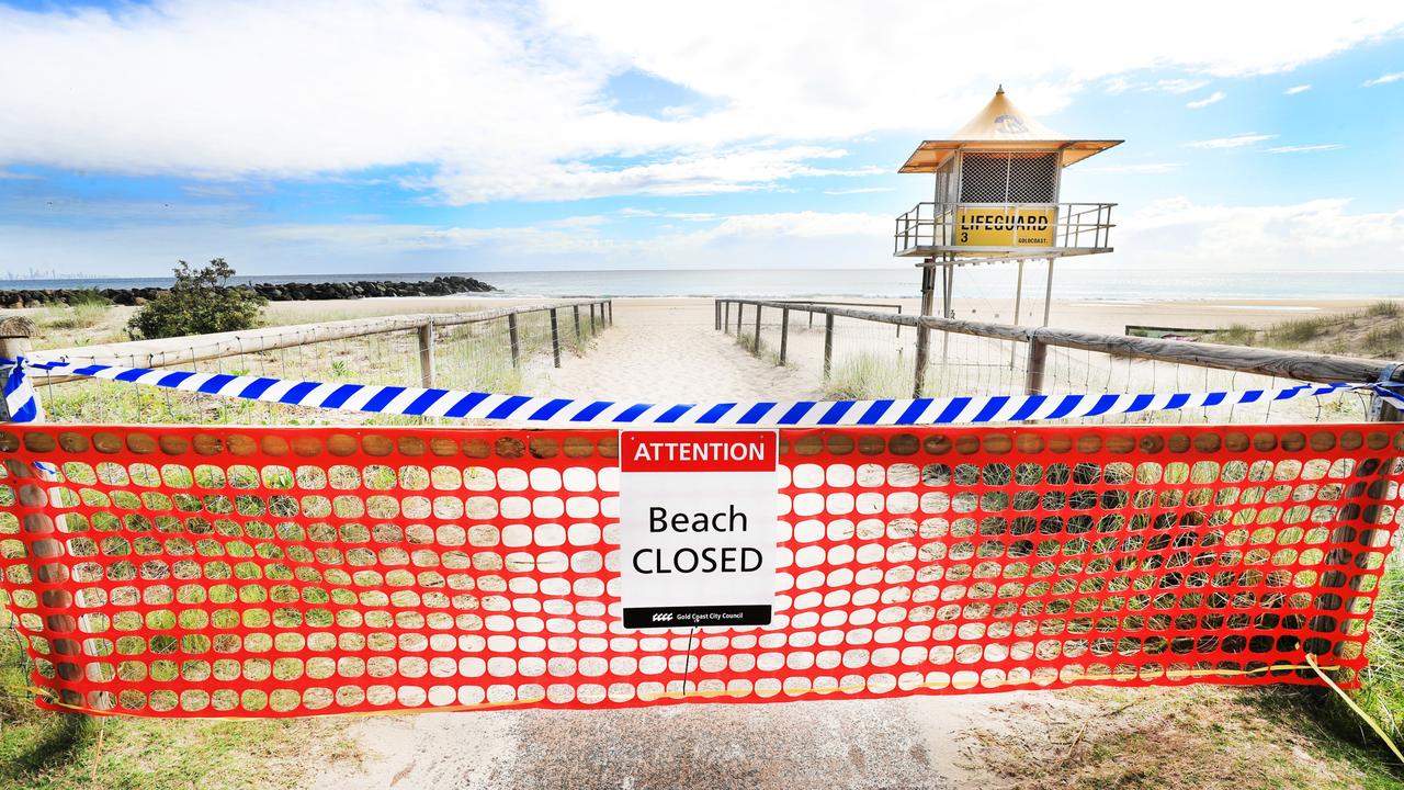 Beach CLosed signs were errected at Coolngatta Beach after Gold Coast Mayor Tom Tate ordered the closure of 3 COact beaches.Photo: Scott Powick Newscorp