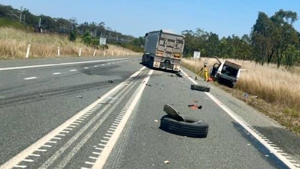 The aftermath of the two-truck crash at Kabra on the Capricorn Highway south west of Rockhampton in Central Queensland.