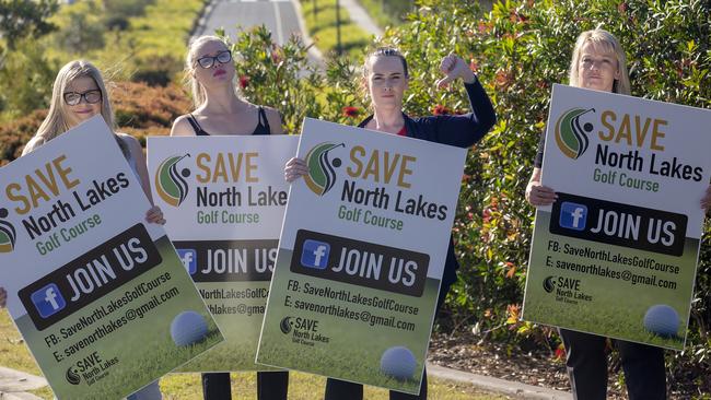 North Lakes residents Samantha Stephens, Samantha Eason, Ashlea Robinson and Jane Longmuir are against the sale of the North Lakes golf club to developers. (AAP/Sarah Marshall)