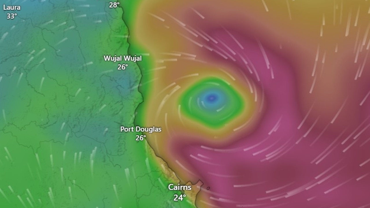 Tropical Cyclone Jasper is now sitting less than 100km off the coast of Port Douglas. Picture: Windy