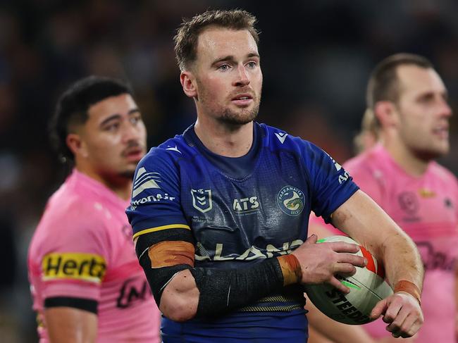 SYDNEY, AUSTRALIA - AUGUST 09: Clint Gutherson of the Eels reacts during the round 23 NRL match between Parramatta Eels and Penrith Panthers at CommBank Stadium, on August 09, 2024, in Sydney, Australia. (Photo by Jeremy Ng/Getty Images)