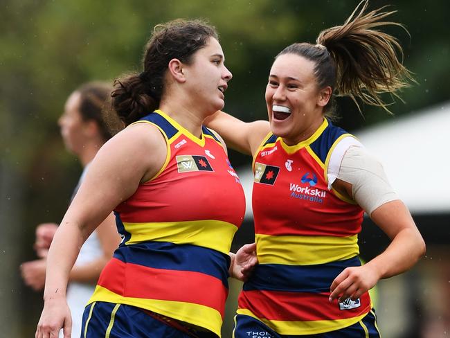 ADELAIDE, AUSTRALIA - SEPTEMBER 25: McKenzie Dowrick of the Crows celebrates a goal during the round five AFLW match between the Adelaide Crows and the Greater Western Sydney Giants at Wigan Oval on September 25, 2022 in Adelaide, Australia. (Photo by Mark Brake/Getty Images)