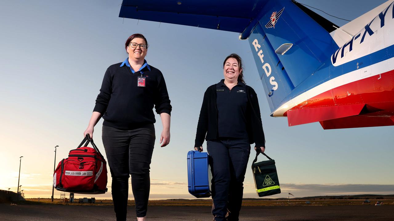 The Royal Flying Doctor’s Jackie Hanniver and Carol Doyle at Broken Hill airport. Picture: Toby Zerna