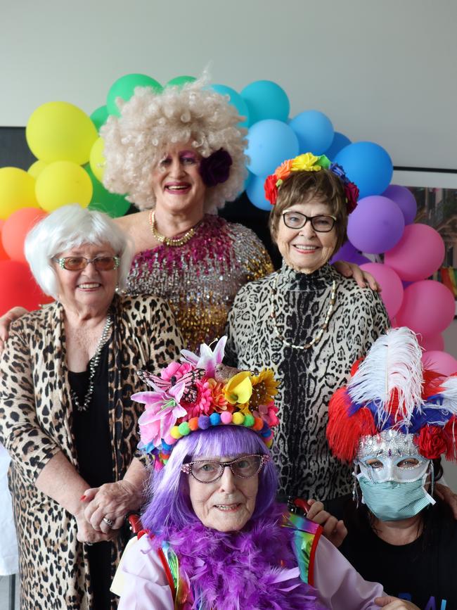 Residents at the Gold Coast's first LGBT+ accredited aged care residence celebrate their very own Mardi Gras. (L-R) Pauline O'Doherty, Garry Barrett (Tia Maria) Elva Paterson and Mary Johnson. Photo: Supplied