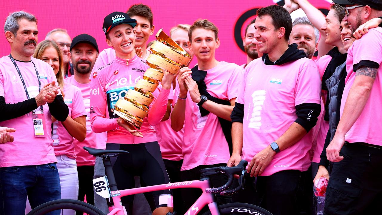 Jai Hindley celebrates with his team. Picture: Michael Steele/Getty Images