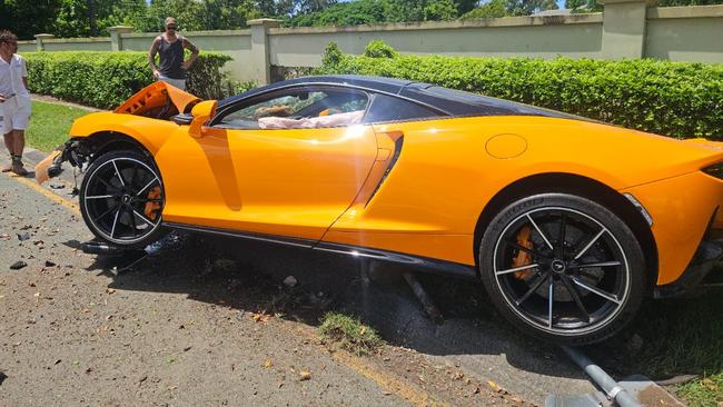 McLaren sports car badly damaged in crash with wall at Hope Island. Picture: Supplied.