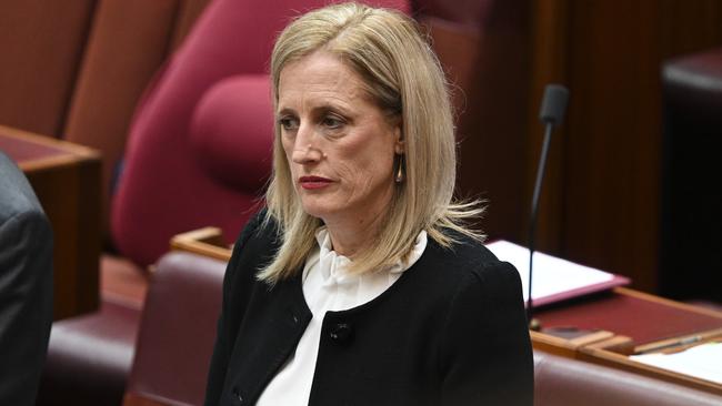 Senator Katy Gallagher makes a statement in the Senate Chamber at Parliament House in Canberra. Picture: NCA NewsWire / Martin Ollman