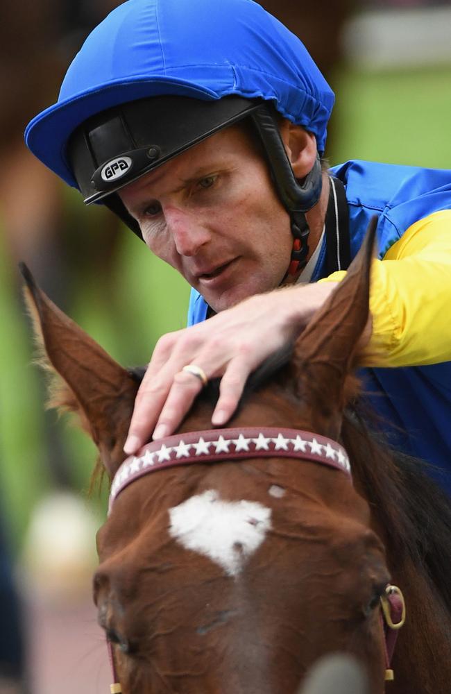 Brad Rawiller and Black Heart Bart after winning the Victoria Handicap. Picture: Getty Images