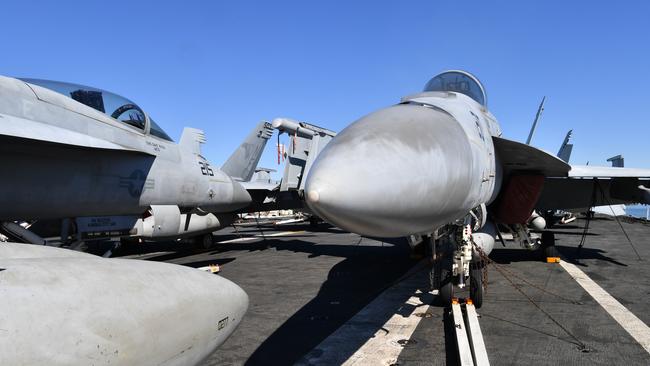 F18 Super Hornet's aboard the USS Ronald Reagan in Brisbane. Picture: AAP