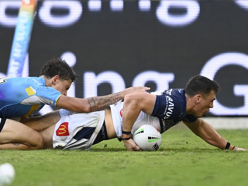 Scott Drinkwater scores a try for the Cowboys. Picture: Ian Hitchcock/Getty Images