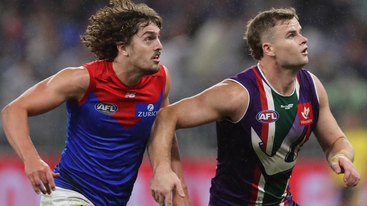 PERTH, AUSTRALIA - JULY 29: Luke Jackson of the Demons contests a ruck with Sean Darcy of the Dockers during the 2022 AFL Round 20 match between the Fremantle Dockers and the Melbourne Demons at Optus Stadium on July 29, 2022 in Perth, Australia. (Photo by Will Russell/AFL Photos via Getty Images)