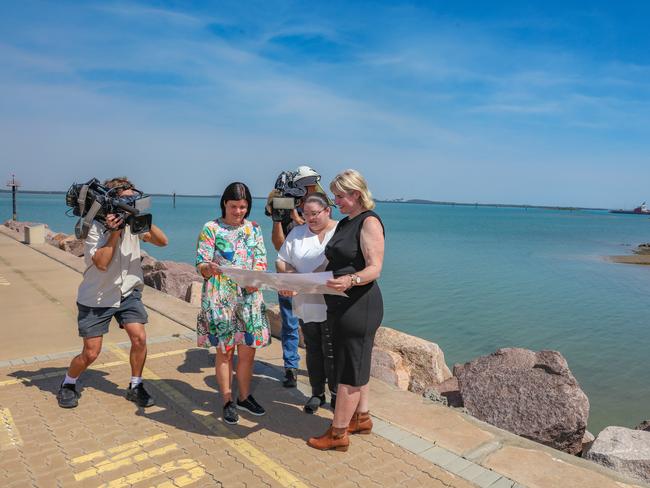 Chief Minister Natasha Files, Infrastructure Commissioner for the NT Louise McCormick and Minister Eva Lawler at the site of the planned ship Lift at East Arm. Picture: Glenn Campbell