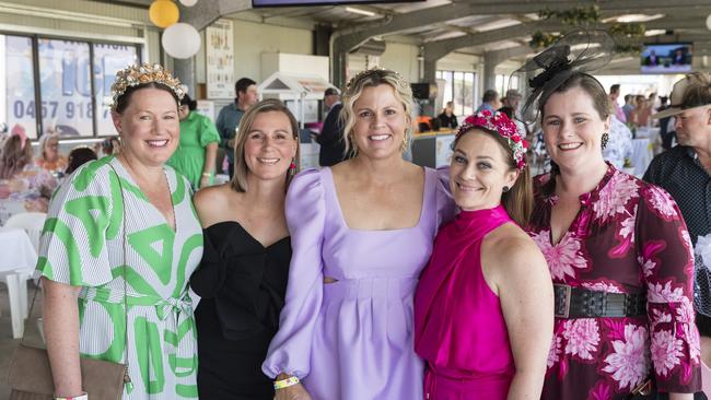 At Warwick Cup race day are (from left) Emma Timins, Sara Humphreys, Kate Warden, Carly Burr and Jess Harper at Allman Park Racecourse, Saturday, October 14, 2023. Picture: Kevin Farmer