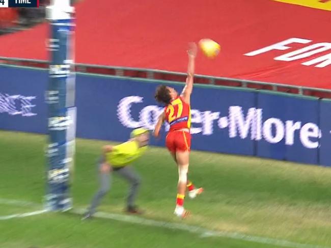 Gold Coast's Wil Powell owned up to not touching this Western Bulldogs goal on the line.