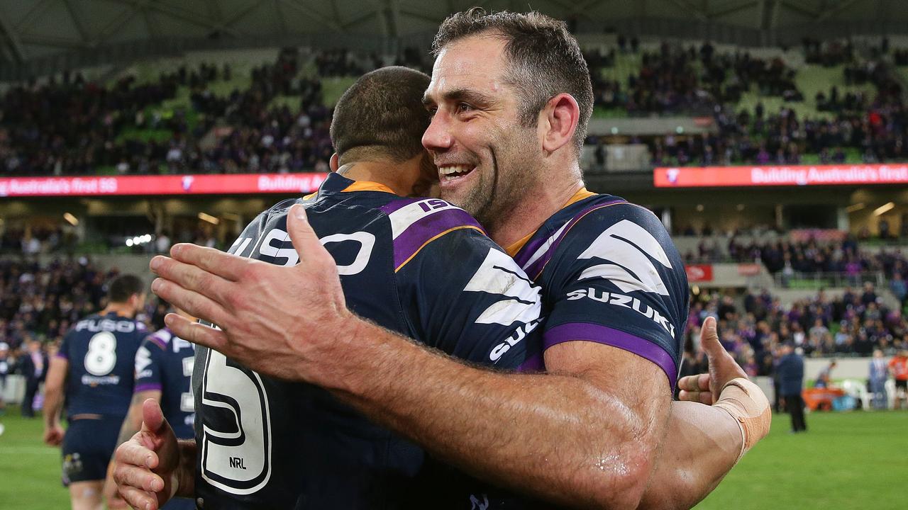 Melbourne's Cameron Smith celebrates victory at full time after the Cronulla Sharks v Melbourne Storm NRL Preliminary Final at AAMI Park, Melbourne. Picture: Brett Costello