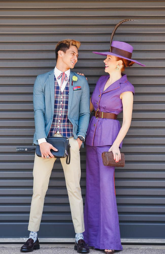 Christine Spielmann and Sherlon Garbo, both from Darwin, won the men’s and women’s racewear categories in the first year the Fashions on the Field competition was open to NT residents. Picture GLENN CAMPBELL