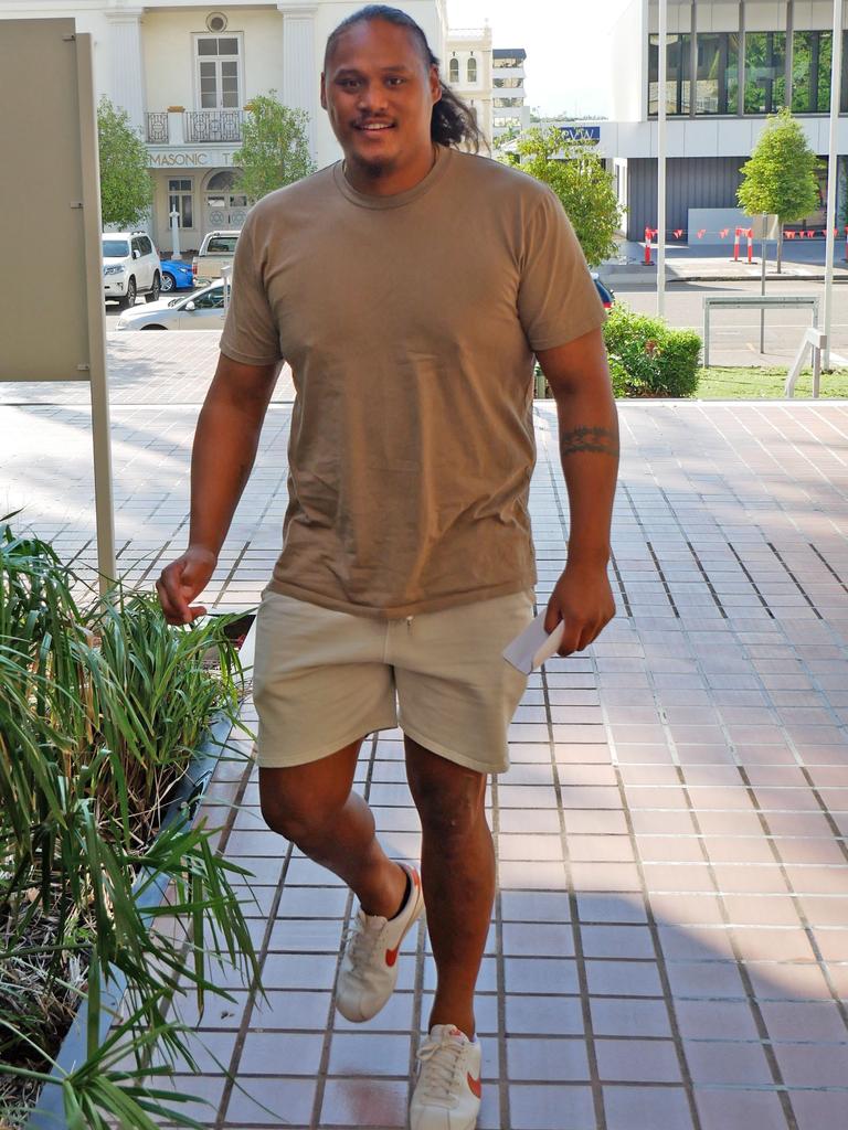 Cowboys star Luciano Leilua arrives in court in shorts and shirt. Picture: Blair Jackson