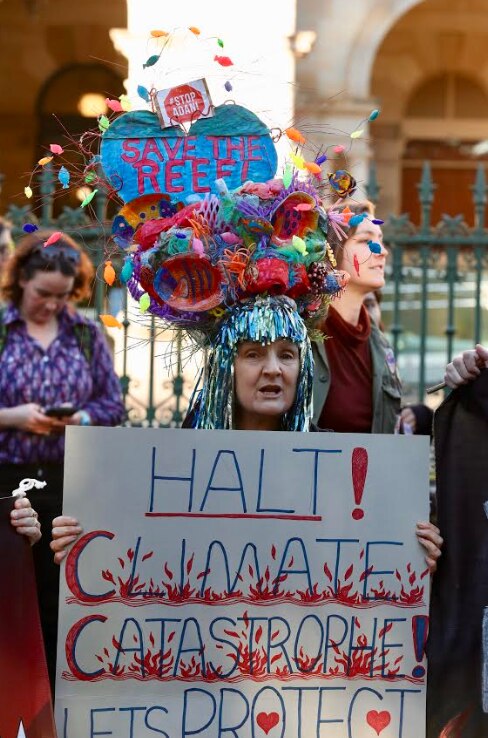 A protester recognises the plight of the Great Barrier Reef. Picture: Liam Kidston