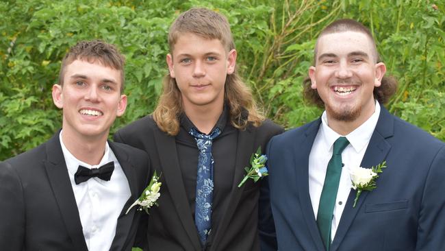 Jed Theiber, Damon Bust and Douglas Swindells at the Mackay State High School 2021 Year 12 formal, November 16, 2021. Photo: Tara Miko and Janessa Ekert