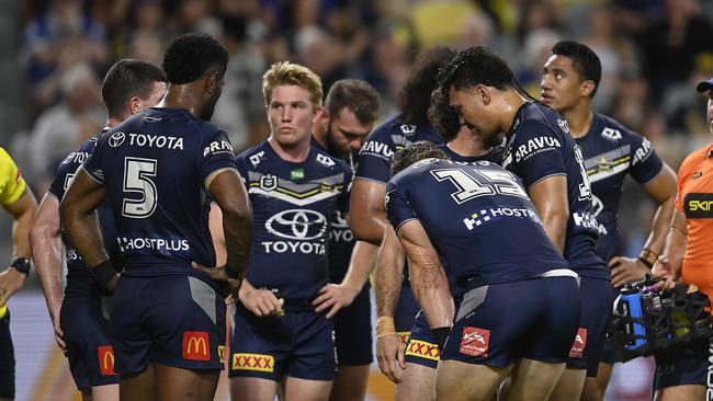 The Cowboys look on after a Sharks try during the round 25. Picture: Ian Hitchcock/Getty Images