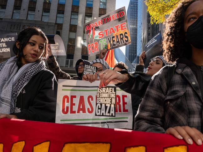 NEW YORK, NEW YORK - NOVEMBER 02: City University of New York (CUNY) students and other supporters of Palestine hold a rally in front of the Chancellor's office in midtown Manhattan on November 02, 2023 in New York City. Across the country, universities and colleges have become the front lines of protest against the fighting in Israel and Gaza as students have clashed with both each other and school administrations.   Spencer Platt/Getty Images/AFP (Photo by SPENCER PLATT / GETTY IMAGES NORTH AMERICA / Getty Images via AFP)