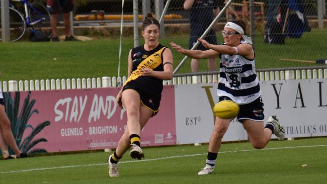 Glenelg SANFLW midfielder Ellie Kellock, in action against South Adelaide, is the SANFLW Player of the Week for round eight. Picture: Gordon Anderson