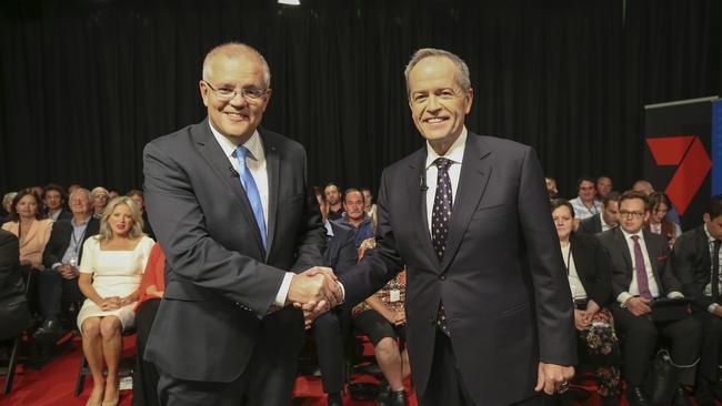 Prime Minister Scott Morrison and Opposition leader Bill Shorten shake hands before the Perth debate. Picture: NIC ELLIS/THE WEST AUSTRALIAN