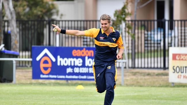 Johnson celebrates a wicket for West Torrens. Picture: Keryn Stevens