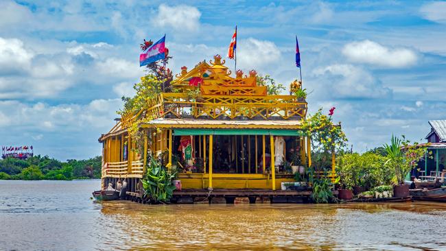 A floating temple on the lake.