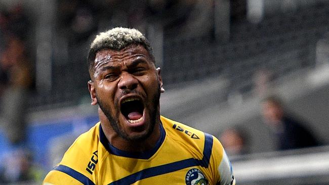 Maika Sivo of the Eels celebrates after scoring a try during the Round 6 NRL match between the Sydney Roosters and the Parramatta Eels at Bankwest Stadium in Sydney, Saturday, June 20, 2020. (AAP Image/Dan Himbrechts) NO ARCHIVING, EDITORIAL USE ONLY