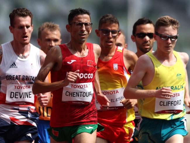 Left to right: David Devine of Team Great Britain, El Amin Chentouf of Team Morocco and Jaryd Clifford of Team Australia compete in Men's 5000m. Picture: Alex Pantling/Getty Images