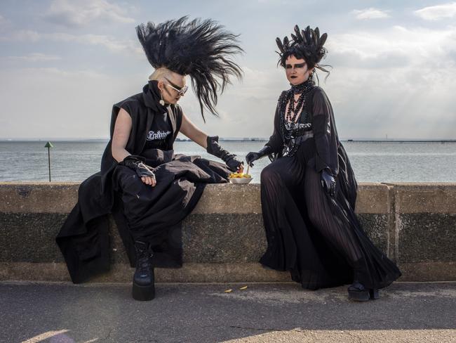 no online until 10pm* Title: GOTHS Description: Two Goths share a portion of chips on Southend promenade, UK. © Peter Dench, UK, Entry, Open competition, Portraits, 2017 Sony World Photography Awards