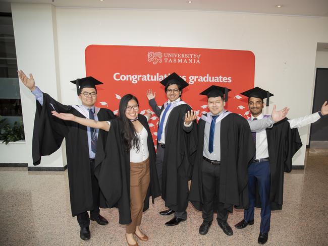 Hon Yap, Carl Lyn Ooi, Akaash Swaris, Naqi Saharudin and Vishnu Vennalaganti. UTAS graduations. School of College of Health and Medicine Graduate Research. Picture: RICHARD JUPE