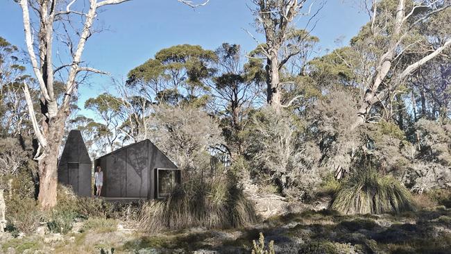 In anticipation for an upcoming development application and public comment period, the Hackett family has released the first artist’s impression of their proposed Lake Malbena eco-tourism standing camp. Picture: CUMULUS STUDIO