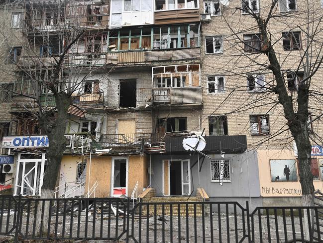 A damaged residential building in the frontline town of Bakhmut, Donetsk region. Picture: AFP