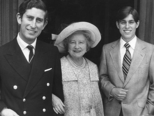 (L-R) Queen Mother, Charles, and Andrew at Royal Lodge, Windsor in 1975. Picture: Supplied