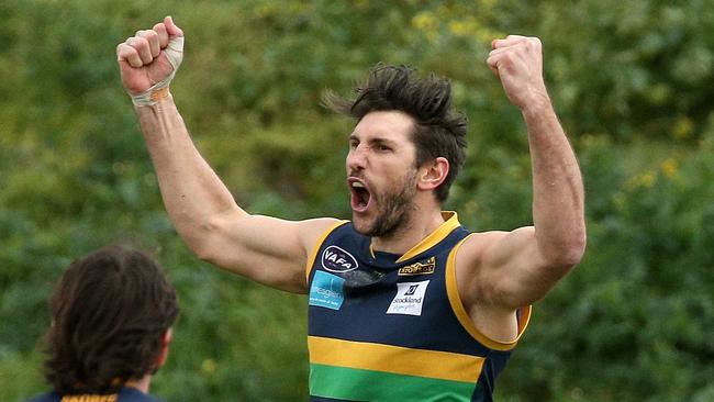 Jarrad Waite of St Kevin's celebrates a goal during VAFA (Premier) Grand  Final: University Blues v St Kevin's on Sunday, September 22, 2019, in Elsternwick, Victoria, Australia. Picture: Hamish Blair