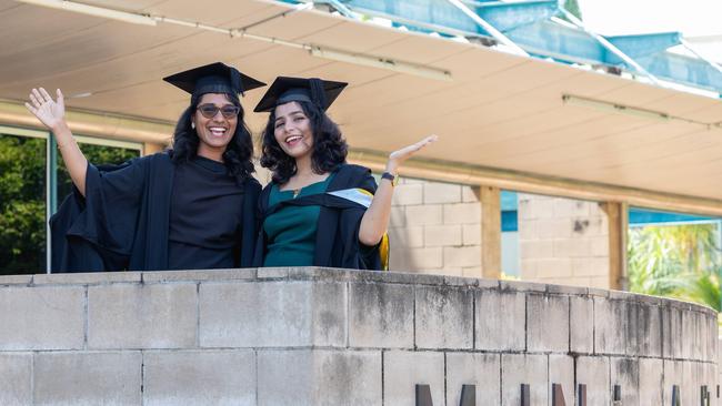 Dona Saju Kurumappilly and Anna Shajee at the 2025 Graduation ceremony held at Charles Darwin University on May 20, 2025. Picture: Pema Tamang Pakhrin