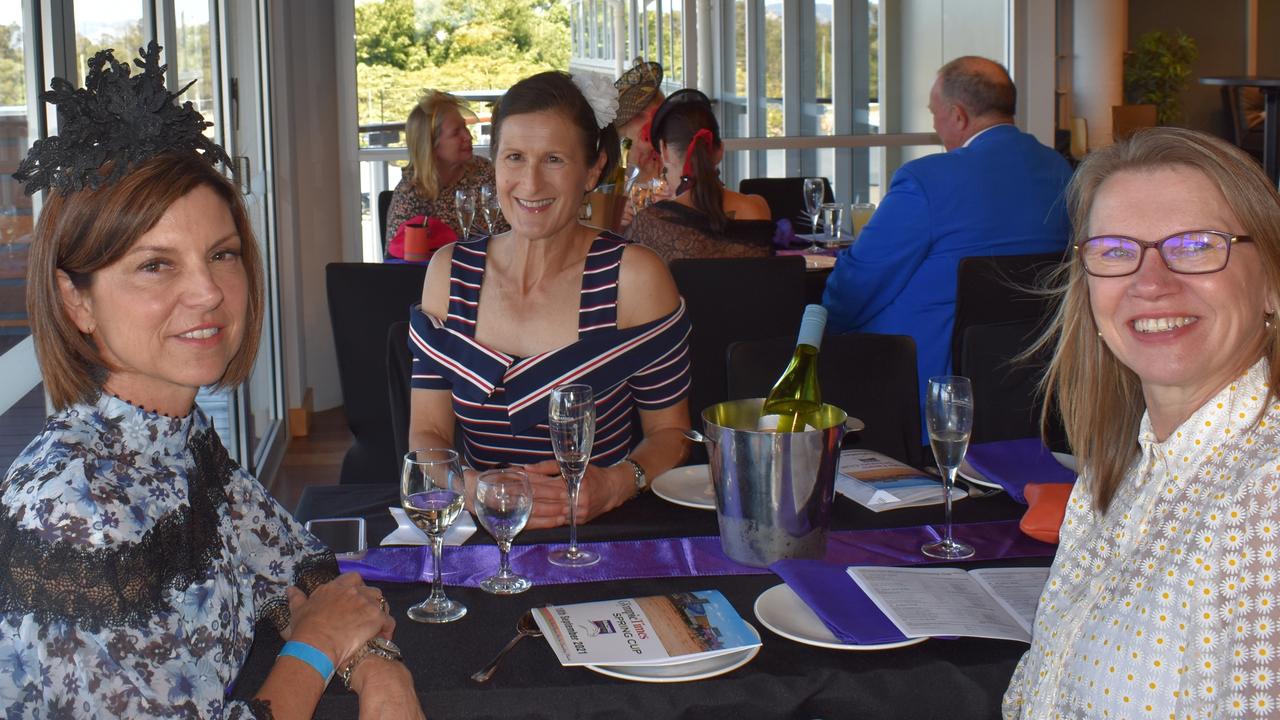 (Left to right) Kate Cartwright, Sally Bekker and Anna-Riitta Ovaska at the Gympie Times Ladies Race Day 2021. Photo: Elizabeth Neil