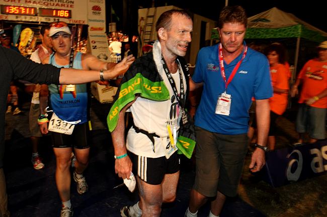 <p>Tony Abbott after finishing an Ironman race in Port Macquarie. Picture: Nathan Edwards</p>