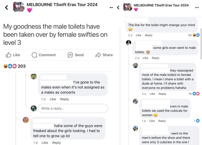 Fans who attended Taylor Swift's concerts in Melbourne discuss using the bathrooms on social media. Picture: Supplied