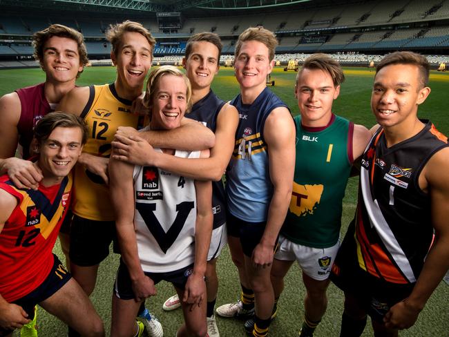 Flashback to 2015: Draft hopefuls Greg Clark (WA), Luke Partington (SA), Harley Balic (Vic Metro), Darcy Parish (Vic Country), Ben Keays (Queensland), Jacob Hooper (NSW/ACT), Michael Hagan (NT), Kieren Lovell (Tasmania).