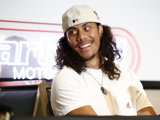 DAILY TELEGRAPH 3RD JANUARY 2024 Pictured at the Novotel at Darling Park in Sydney is Penrith Panthers player Jarome Luai at a press conference to confirm that from 2025 he will join the Wests Tigers. Picture: Richard Dobson