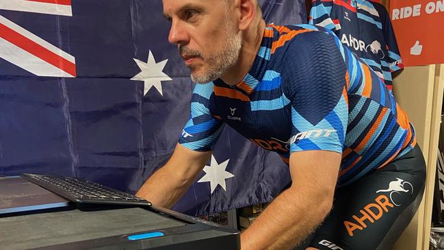 Sawtell, Coffs Harbour, man Tim Searle, is an ambassador and a multiple world record holder for the app Zwift, an online community which allows cyclists to compete and chat with one another using a 'smart' trainer bike from their home. Picture: Supplied