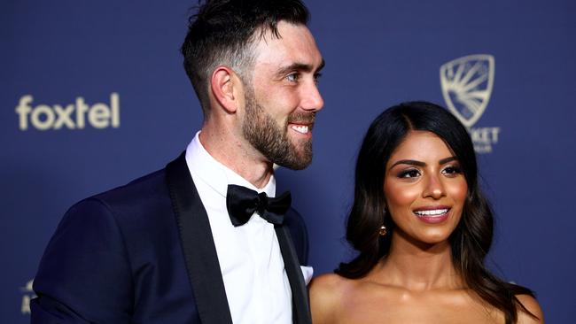 Glenn Maxwell and his fiancee Vini Raman. Picture: Graham Denholm/Getty