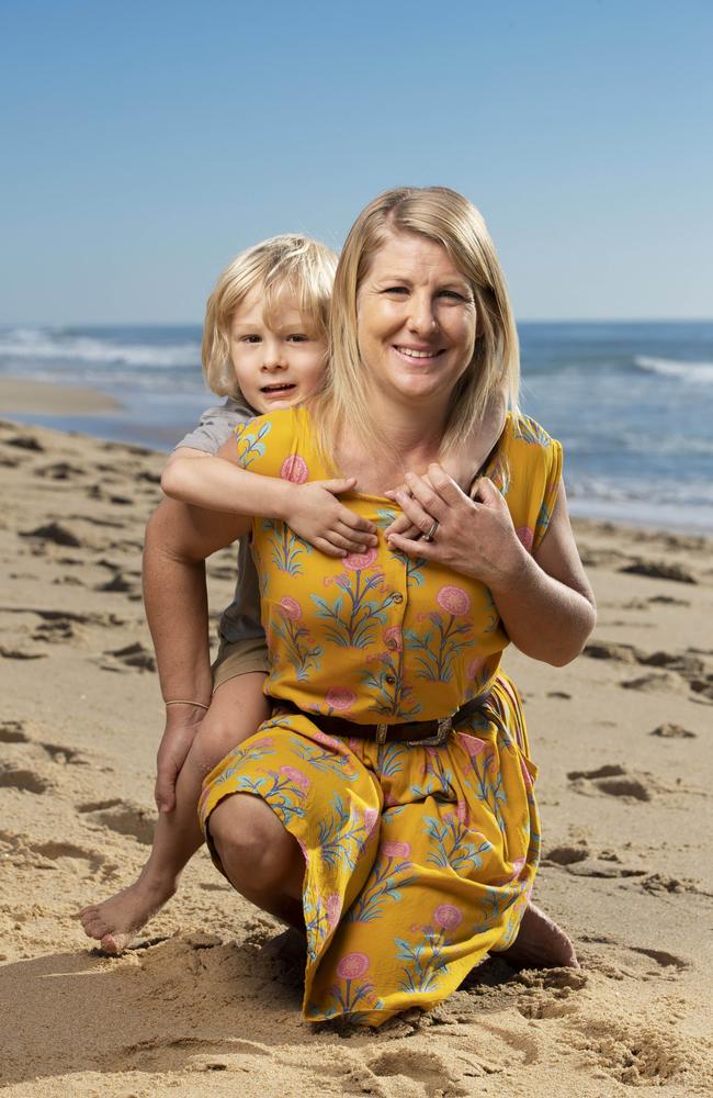 Sunshine Coast mum Kim Bogatek with her 5 year old son Taj who survived life saving in-womb surgery before he was even born. Picture: Lachie Millard